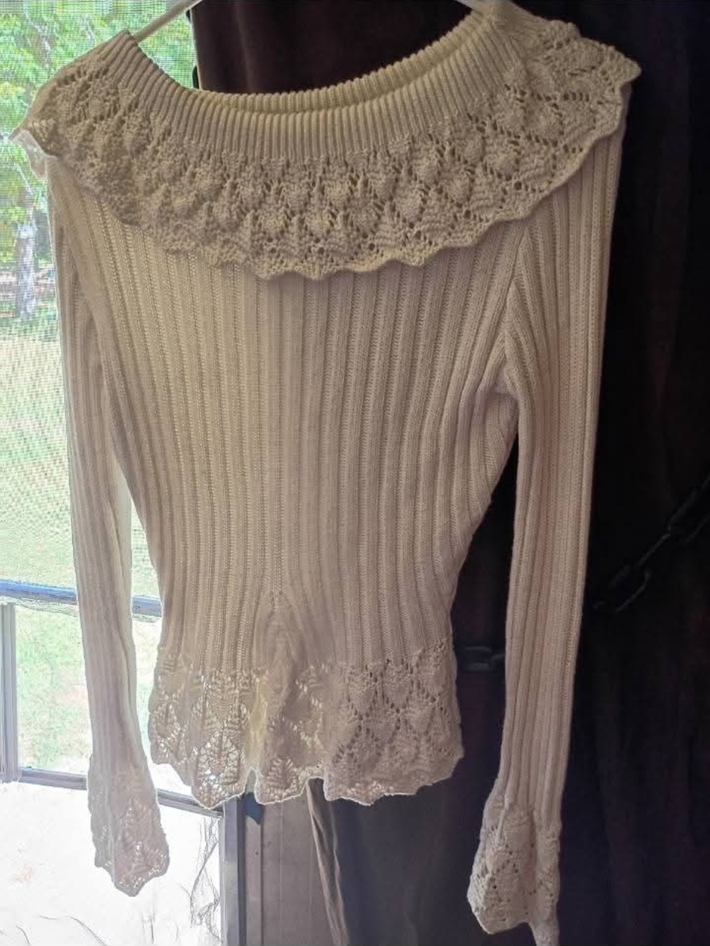 Cato White Ribbed Sweater with Lace Collar
